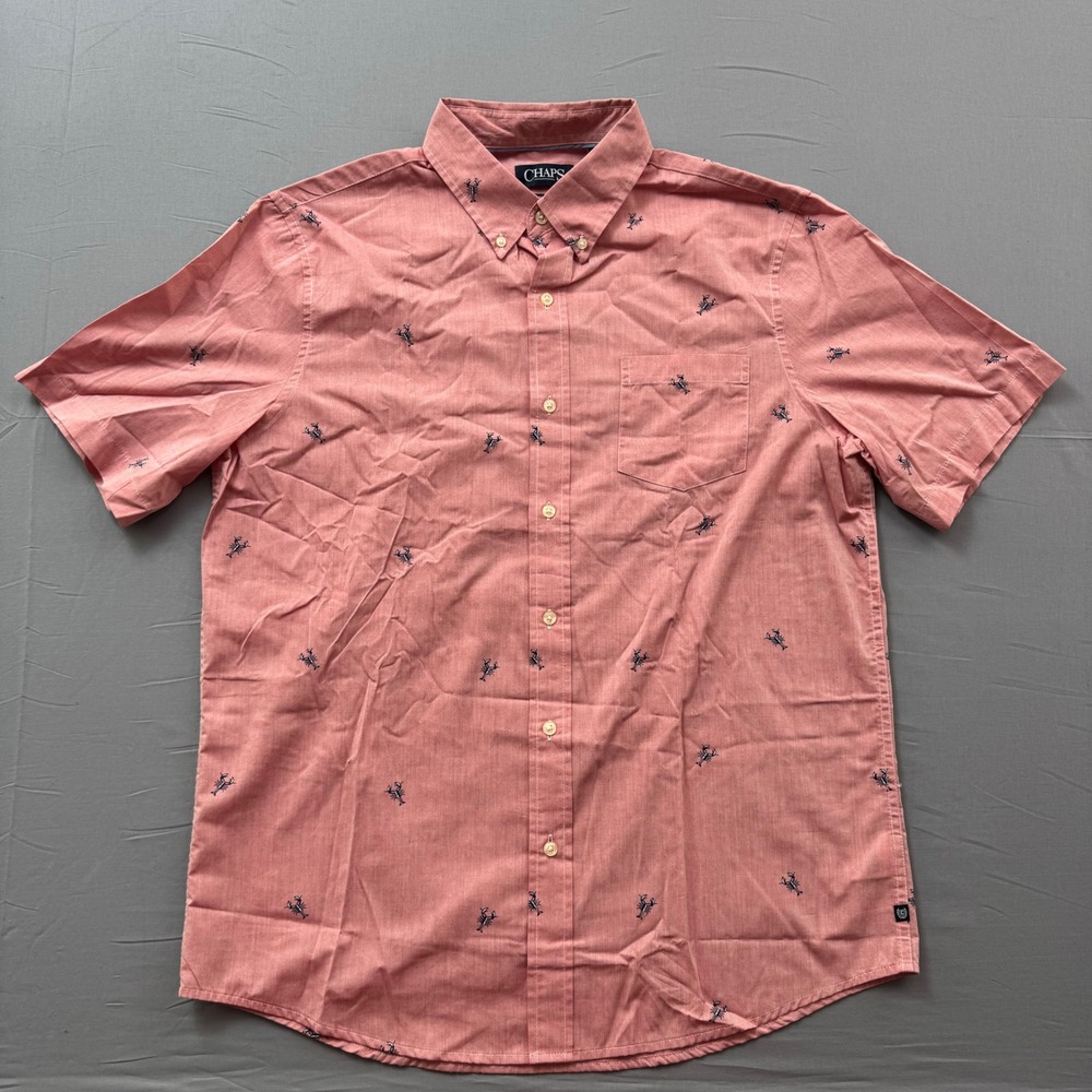 Chaps Mens Large Pink Lobster Print Short Sleeve Button Down Shirt Easy Care